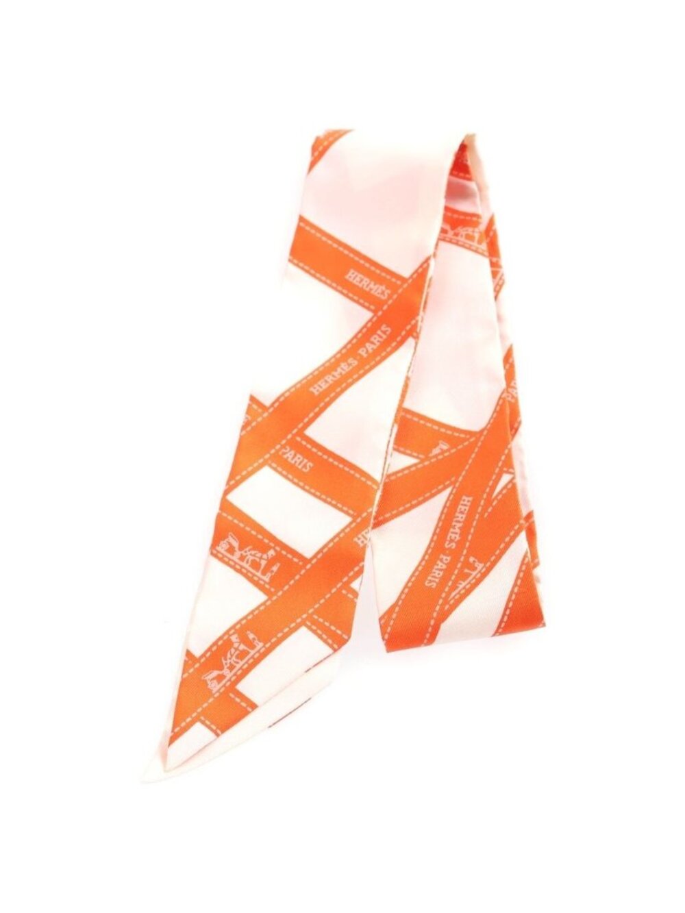 Hermes Twilly Ribbon Pattern Silk Scarf Orange White